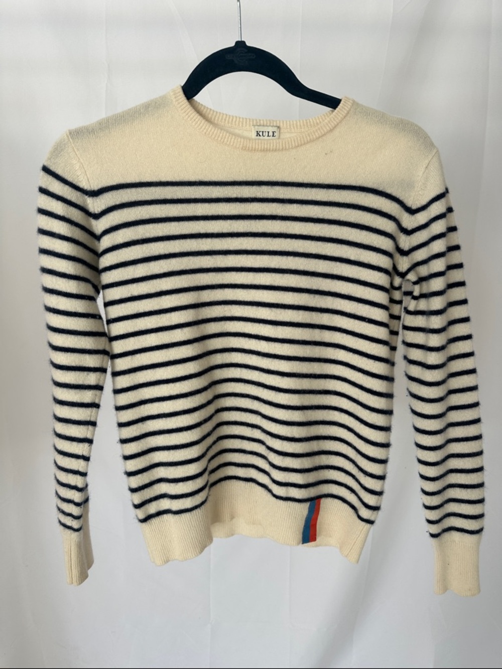 KULE Cream and Navy Striped Crewneck cashmere Sweater with Hem Accent